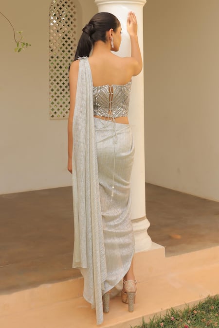 Label Astha Chhabra Silver Embroidered Pre-Draped Saree & Corset 