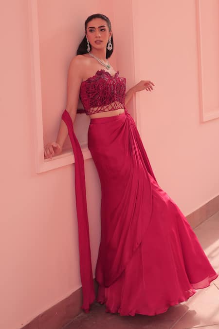 Label Astha Chhabra_Red Satin, Georgette, Net Embroidery Designer Corset And Draped Skirt Set _Online_at_Aza_Fashions