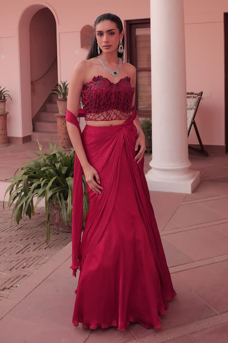Label Astha Chhabra Red Satin, Georgette, Net Embroidery Designer Corset And Draped Skirt Set 