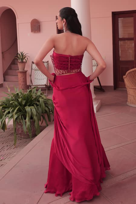 Label Astha Chhabra Red Designer Corset & Draped Skirt Set 