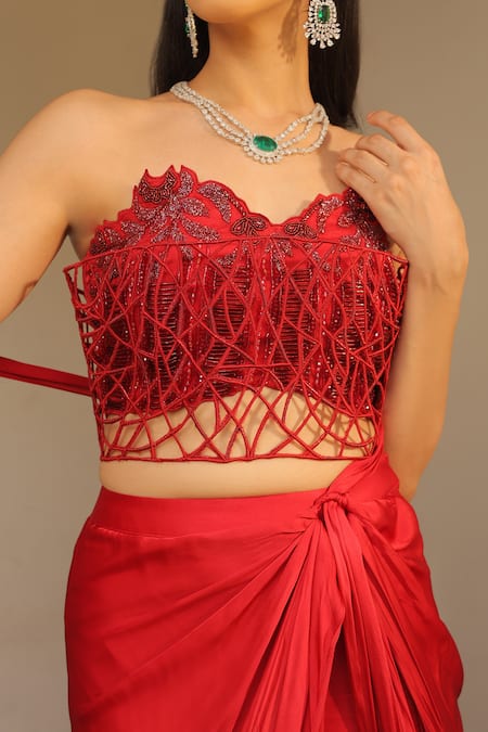 Shop_Label Astha Chhabra_Red Satin, Georgette, Net Embroidery Designer Corset And Draped Skirt Set _Online_at_Aza_Fashions