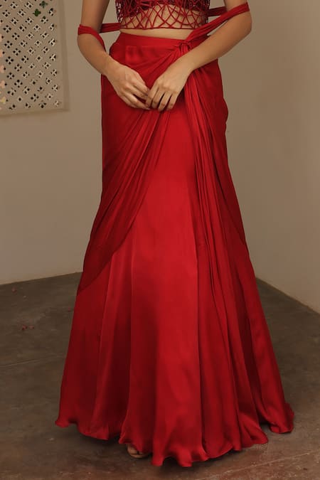 Label Astha Chhabra_Red Satin, Georgette, Net Embroidery Designer Corset And Draped Skirt Set _at_Aza_Fashions