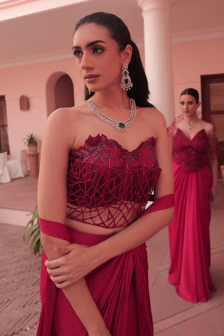 Buy_Label Astha Chhabra_Red Satin, Georgette, Net Embroidery Designer Corset And Draped Skirt Set 