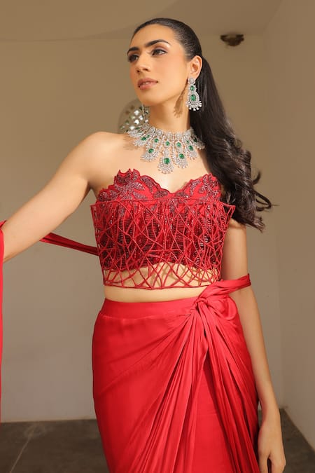 Shop_Label Astha Chhabra_Red Satin, Georgette, Net Embroidery Designer Corset And Draped Skirt Set 