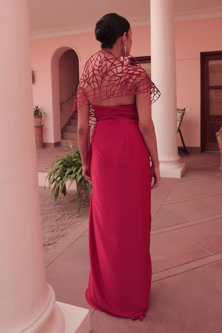 Label Astha Chhabra Red Designer Corset & Draped Skirt Set 