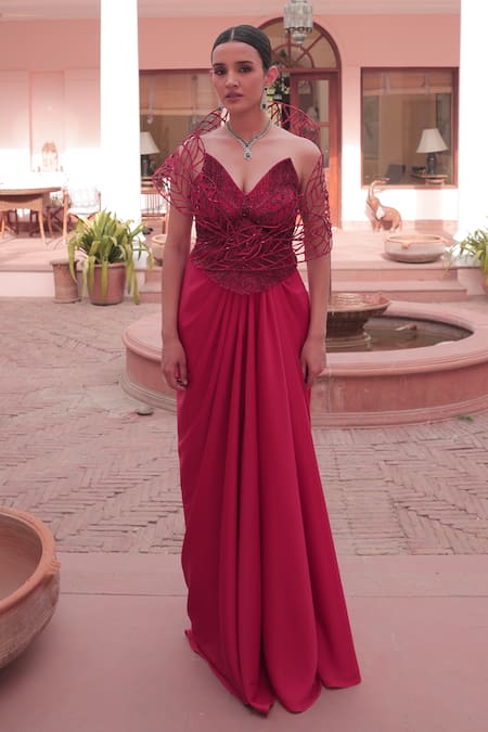 Label Astha Chhabra_Red Satin, Net Beads, Embroidery V-neck Designer Corset And Draped Skirt Set _Online_at_Aza_Fashions