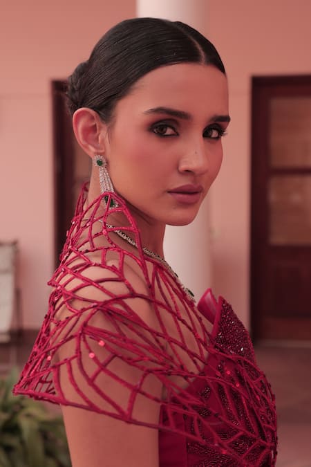 Buy_Label Astha Chhabra_Red Satin, Net Beads, Embroidery V-neck Designer Corset And Draped Skirt Set _Online_at_Aza_Fashions