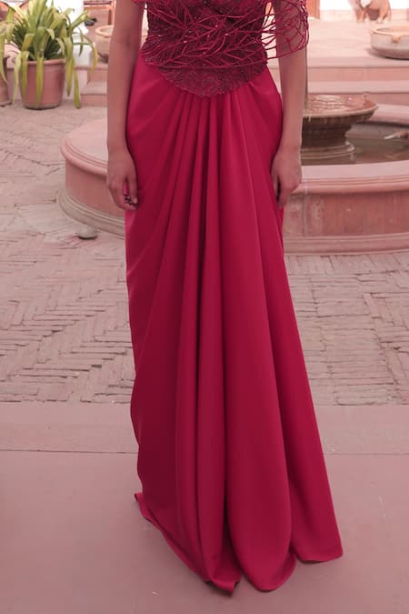 Shop_Label Astha Chhabra_Red Satin, Net Beads, Embroidery V-neck Designer Corset And Draped Skirt Set _Online_at_Aza_Fashions