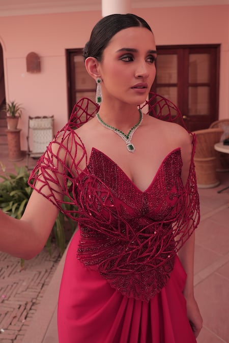 Label Astha Chhabra_Red Satin, Net Beads, Embroidery V-neck Designer Corset And Draped Skirt Set _at_Aza_Fashions
