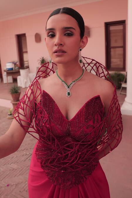 Buy_Label Astha Chhabra_Red Satin, Net Beads, Embroidery V-neck Designer Corset And Draped Skirt Set 