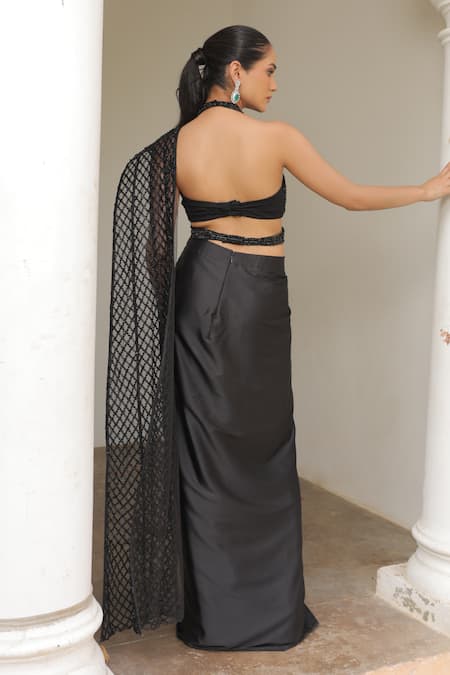 Label Astha Chhabra Black Pre-Draped Saree & Blouse Set 