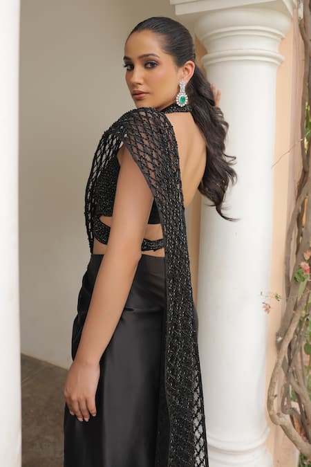 Shop_Label Astha Chhabra_Black Satin, Net Beads Halter Neck Pre-draped Saree And Blouse Set _Online_at_Aza_Fashions