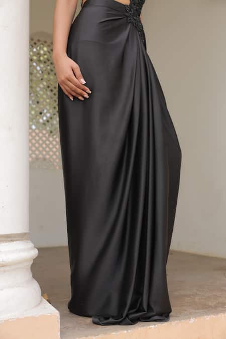 Label Astha Chhabra_Black Satin, Net Beads Halter Neck Pre-draped Saree And Blouse Set _at_Aza_Fashions