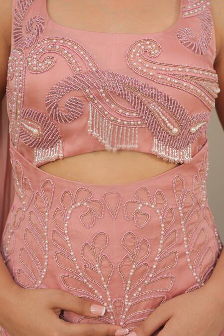 Shop_Label Astha Chhabra_Pink Satin, Organza Beads, Embroidery, Sequins Open Designer Tunic Sharara Set _Online_at_Aza_Fashions