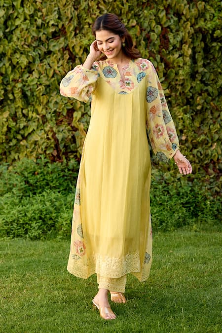 Buy Naaz By Noor Yellow Chanderi, Cotton, Organza Embroidery Round Neck Light Printed Kurta Set Buy_Naaz By Noor_Yellow Chanderi, Cotton, Organza Embroidery Round Neck Light Printed Kurta Set