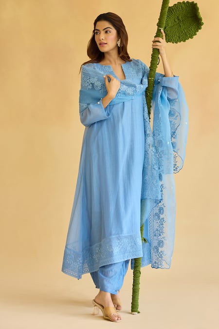 Naaz By Noor_Blue Chanderi, Cotton, Organza Lace, Pearls, Rad Flower Child Kurta Set _Online_at_Aza_Fashions