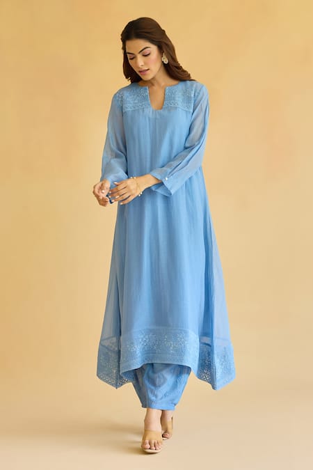 Buy_Naaz By Noor_Blue Chanderi, Cotton, Organza Lace, Pearls, Rad Flower Child Kurta Set _Online_at_Aza_Fashions