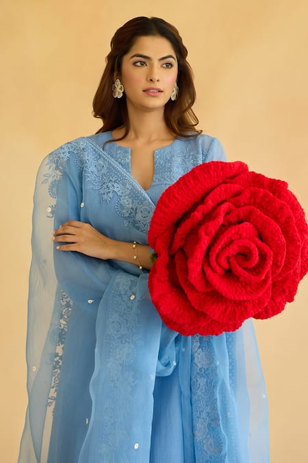 Naaz By Noor_Blue Chanderi, Cotton, Organza Lace, Pearls, Rad Flower Child Kurta Set _at_Aza_Fashions