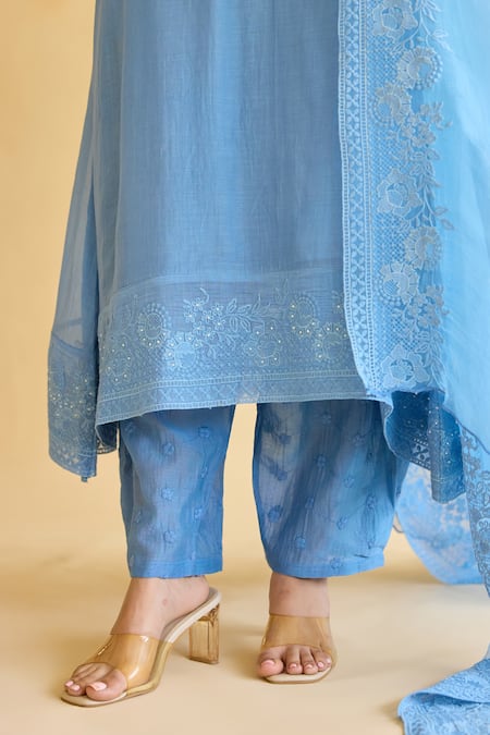 Buy_Naaz By Noor_Blue Chanderi, Cotton, Organza Lace, Pearls, Rad Flower Child Kurta Set 