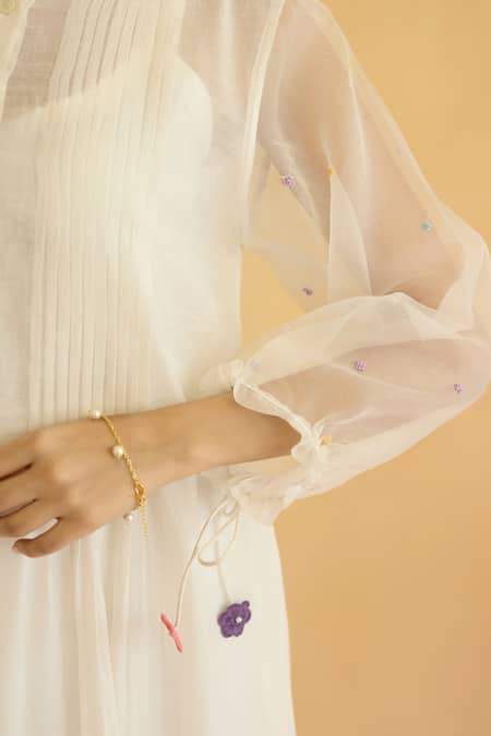 Shop_Naaz By Noor_Ivory Chanderi, Cotton Pearls, Fabric Flowers Round Neck Floral Kurta Set _Online_at_Aza_Fashions