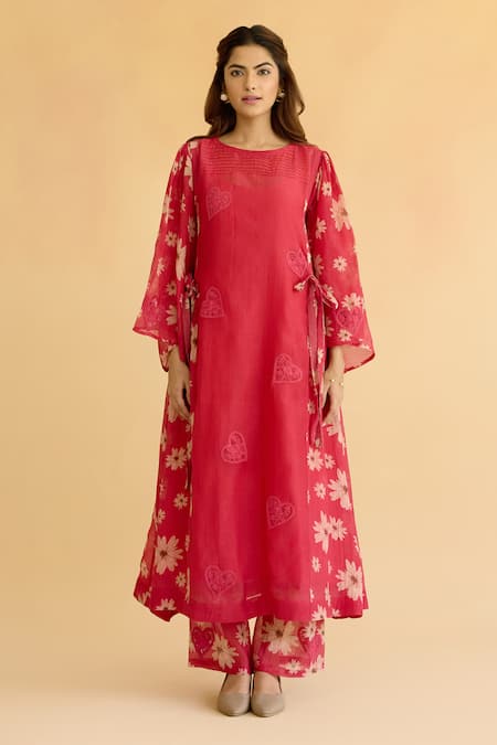 Naaz By Noor_Pink Chanderi, Cotton Embroidery Round Neck Floral Kurta And Pant Set _Online_at_Aza_Fashions