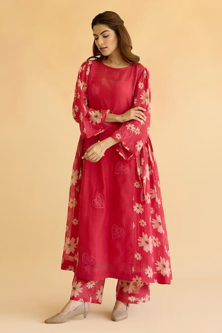 Buy_Naaz By Noor_Pink Chanderi, Cotton Embroidery Round Neck Floral Kurta And Pant Set _Online_at_Aza_Fashions