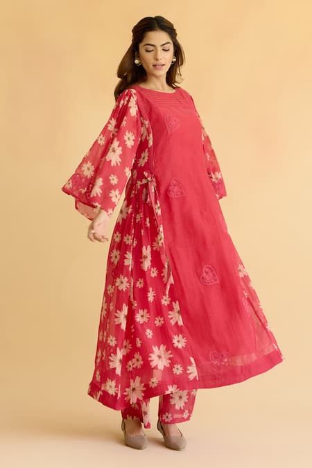 Shop_Naaz By Noor_Pink Chanderi, Cotton Embroidery Round Neck Floral Kurta And Pant Set _Online_at_Aza_Fashions