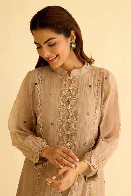 Shop Naaz By Noor Brown Chanderi, Cotton Embroidery Mandarin Collar Kurta Pant Set Online at Aza Fashions Shop_Naaz By Noor_Brown Chanderi, Cotton Embroidery Mandarin Collar Kurta Pant Set _Online_at_Aza_Fashions