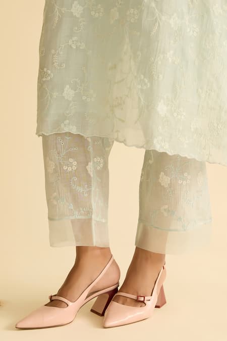 Naaz By Noor_Pink Chanderi, Cotton, Organza Embroidery Round Neck Kurta Set _Online_at_Aza_Fashions