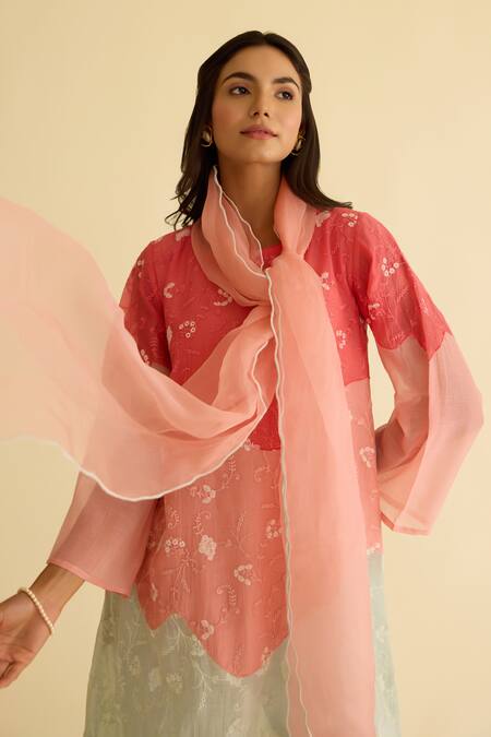 Buy_Naaz By Noor_Pink Chanderi, Cotton, Organza Embroidery Round Neck Kurta Set _Online_at_Aza_Fashions