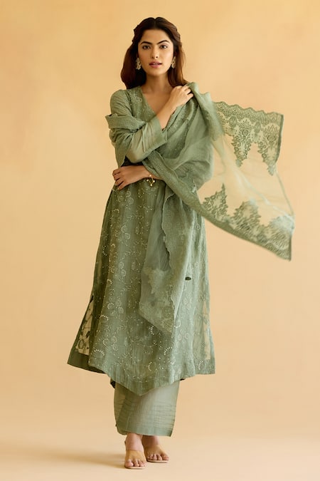 Shop Naaz By Noor Green Chanderi, Cotton, Organza Pearls, Embroidery V-neck Muted Kurta Set Online at Aza Fashions Shop_Naaz By Noor_Green Chanderi, Cotton, Organza Pearls, Embroidery V-neck Muted Kurta Set _Online_at_Aza_Fashions