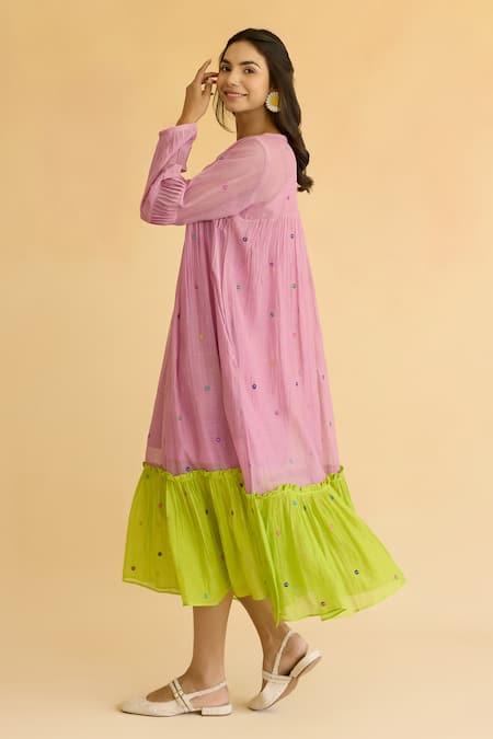 Naaz By Noor Lilac Chanderi Dress With Lime Hem 