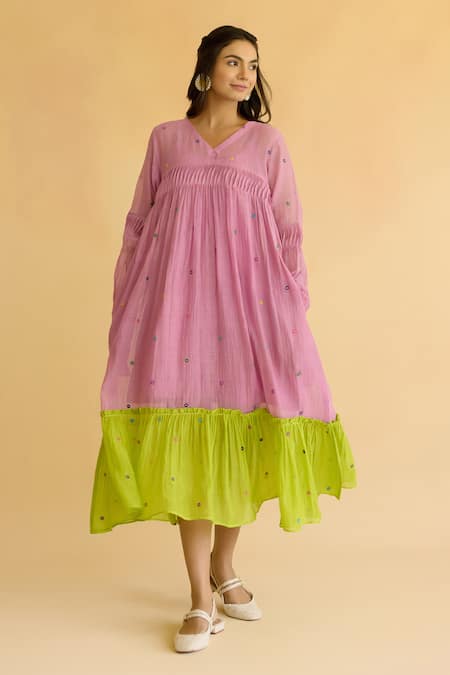 Naaz By Noor Purple Chanderi Embroidery V-neck Lilac Dress With Lime Hem 
