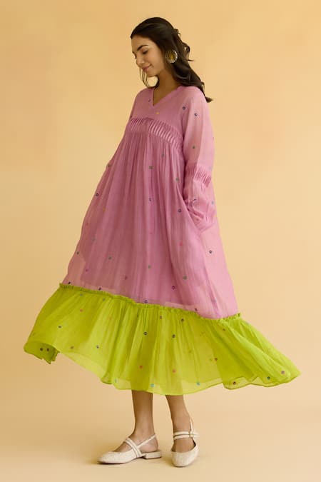 Buy_Naaz By Noor_Purple Chanderi Embroidery V-neck Lilac Dress With Lime Hem _Online_at_Aza_Fashions