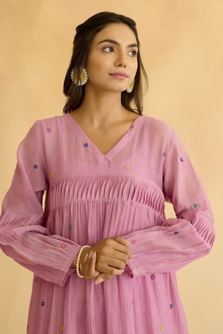 Shop_Naaz By Noor_Purple Chanderi Embroidery V-neck Lilac Dress With Lime Hem _Online_at_Aza_Fashions