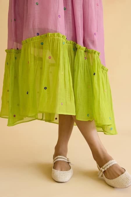 Naaz By Noor_Purple Chanderi Embroidery V-neck Lilac Dress With Lime Hem _at_Aza_Fashions