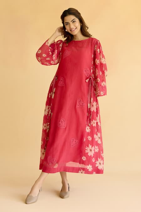 Naaz By Noor Pink Chanderi Embroidery Round Neck Floral Dress 