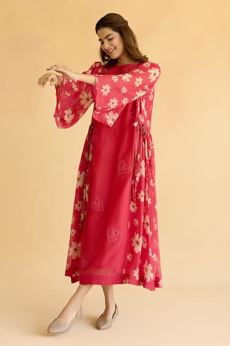 Buy Naaz By Noor Pink Chanderi Embroidery Round Neck Floral Dress Online at Aza Fashions Buy_Naaz By Noor_Pink Chanderi Embroidery Round Neck Floral Dress _Online_at_Aza_Fashions