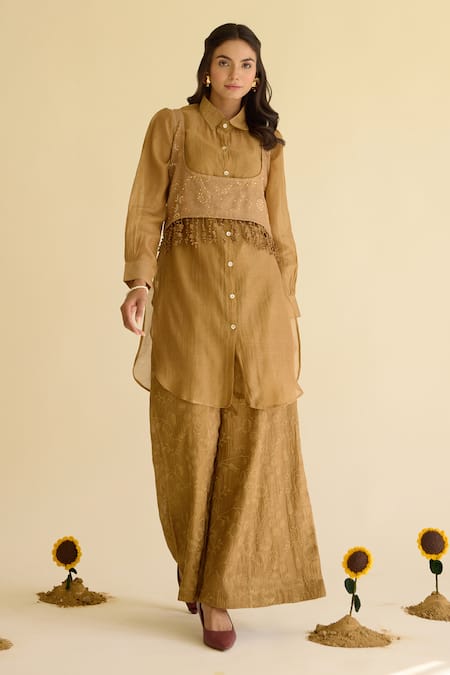 Naaz By Noor Olive Green Chanderi Embroidery, Fringe Collared Shirt Tunic And Pant Set 