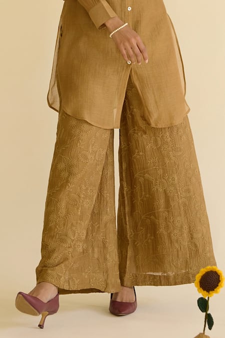 Naaz By Noor_Olive Green Chanderi Embroidery, Fringe Collared Shirt Tunic And Pant Set _Online_at_Aza_Fashions