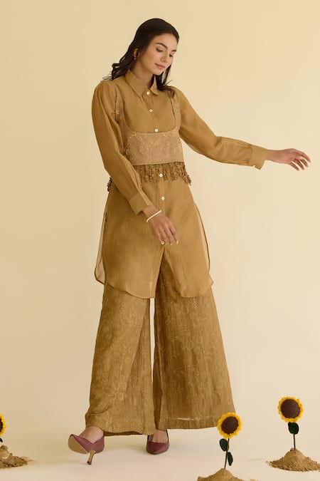 Buy_Naaz By Noor_Olive Green Chanderi Embroidery, Fringe Collared Shirt Tunic And Pant Set _Online_at_Aza_Fashions