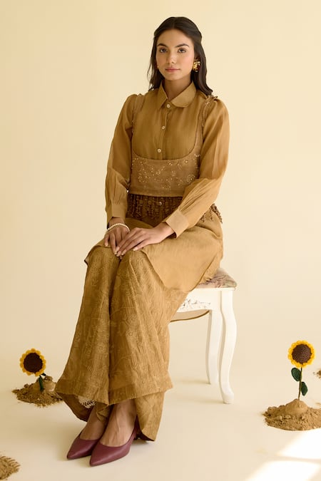 Naaz By Noor_Olive Green Chanderi Embroidery, Fringe Collared Shirt Tunic And Pant Set _at_Aza_Fashions