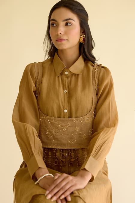 Buy_Naaz By Noor_Olive Green Chanderi Embroidery, Fringe Collared Shirt Tunic And Pant Set 