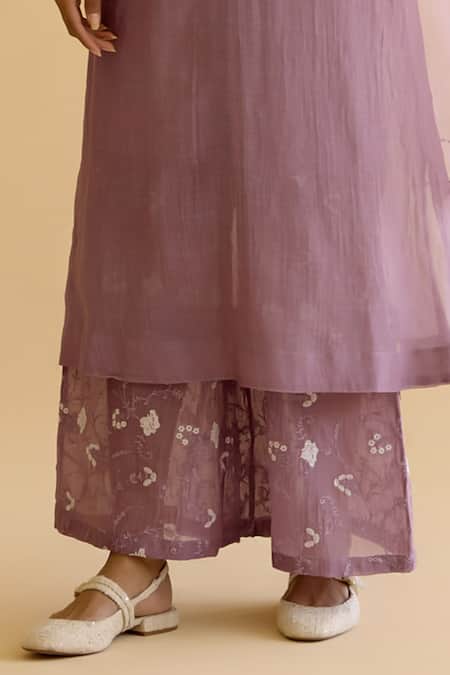 Naaz By Noor_Purple Chanderi, Cotton, Organza Embroidery Round Neck Kurta Pant Set _Online_at_Aza_Fashions