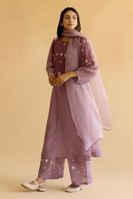 Buy_Naaz By Noor_Purple Chanderi, Cotton, Organza Embroidery Round Neck Kurta Pant Set _Online_at_Aza_Fashions