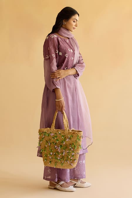 Shop_Naaz By Noor_Purple Chanderi, Cotton, Organza Embroidery Round Neck Kurta Pant Set _Online_at_Aza_Fashions