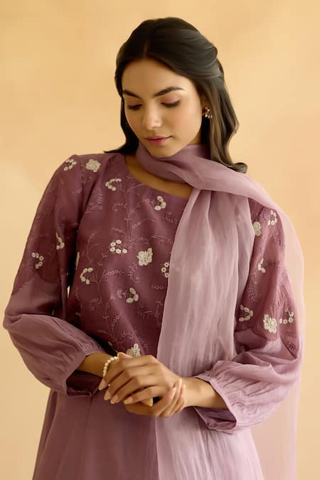 Naaz By Noor_Purple Chanderi, Cotton, Organza Embroidery Round Neck Kurta Pant Set _at_Aza_Fashions