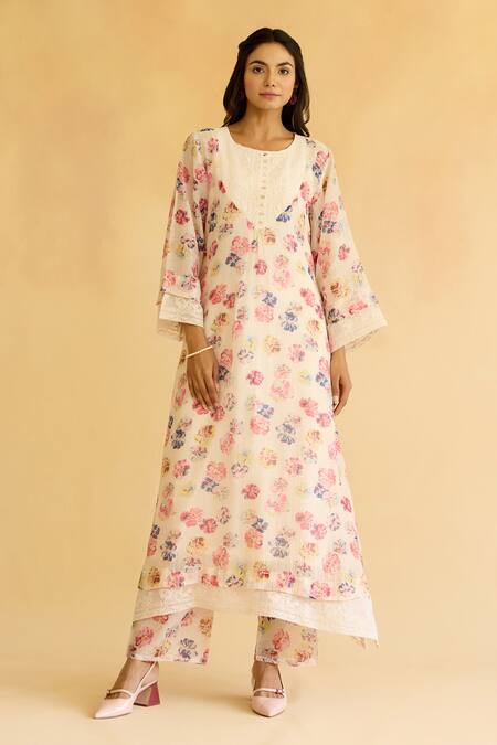 Naaz By Noor_Multi Color Chanderi, Cotton, Organza Embroidery Floral Printed Kurta Pant Set _Online_at_Aza_Fashions