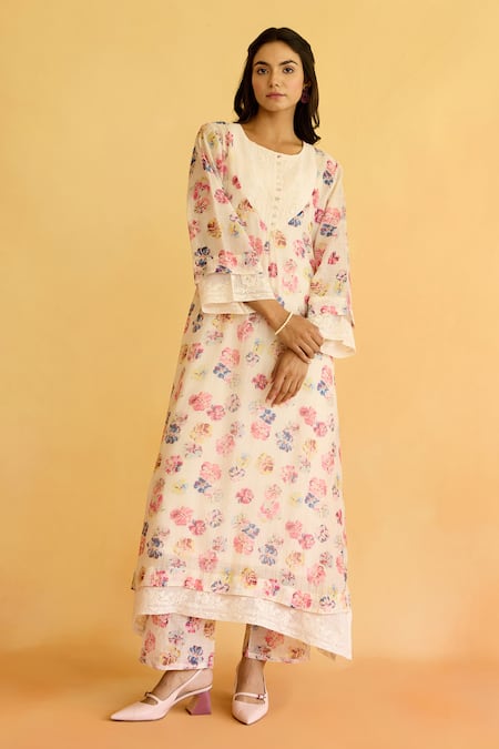 Buy_Naaz By Noor_Multi Color Chanderi, Cotton, Organza Embroidery Floral Printed Kurta Pant Set _Online_at_Aza_Fashions
