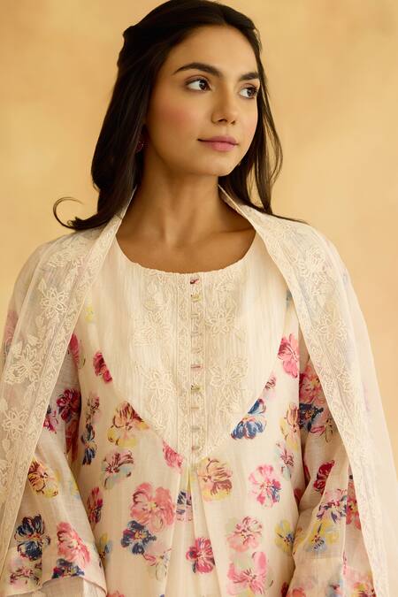 Shop_Naaz By Noor_Multi Color Chanderi, Cotton, Organza Embroidery Floral Printed Kurta Pant Set _Online_at_Aza_Fashions